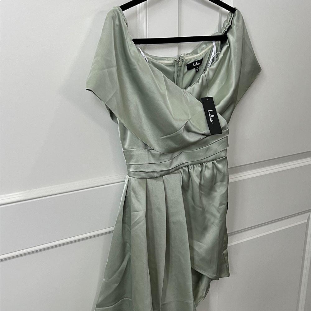 Lulu's Sage Green Off-Shoulder Asymmetrical Satin Dress - Picture 5 of 5